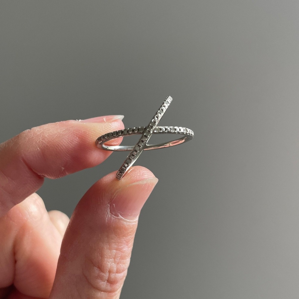 Silver Tone Pave Crystal Crossover X Ring‎ 7 Geometric Statement Band Minimalist